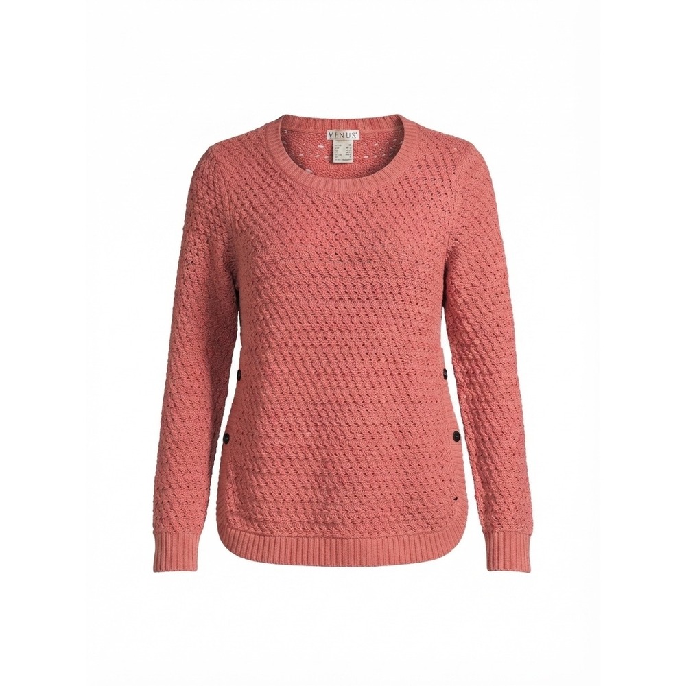 Venus Womens Coral Pink Open Knit Button Side Crew Neck Sweater Size Medium